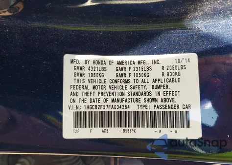 2015 Honda Accord Sport из США, поврежденный, VIN 1HGCR2F57FA034264